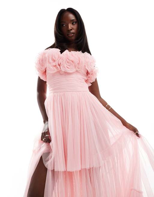 Lace Beads corsage tulle maxi dress in powder pink ASOS