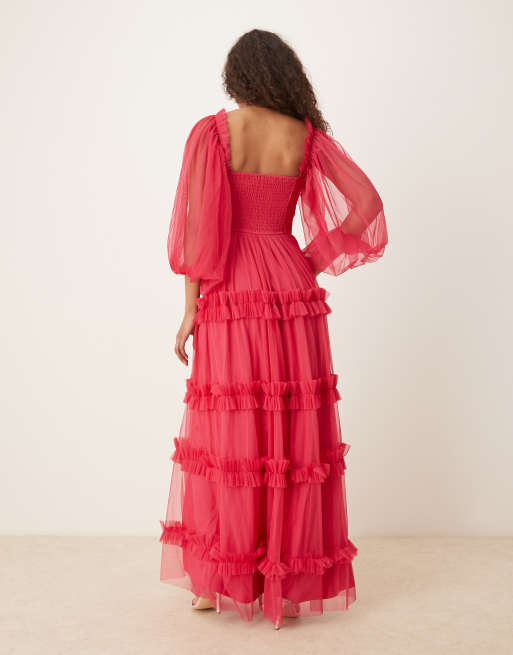 Lace & Beads corset balloon sleeve ruffle maxi dress in bright fuchsia, 3 of 4