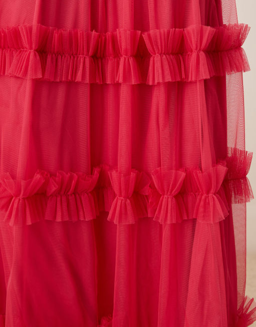 Lace & Beads corset balloon sleeve ruffle maxi dress in bright fuchsia, 4 of 4