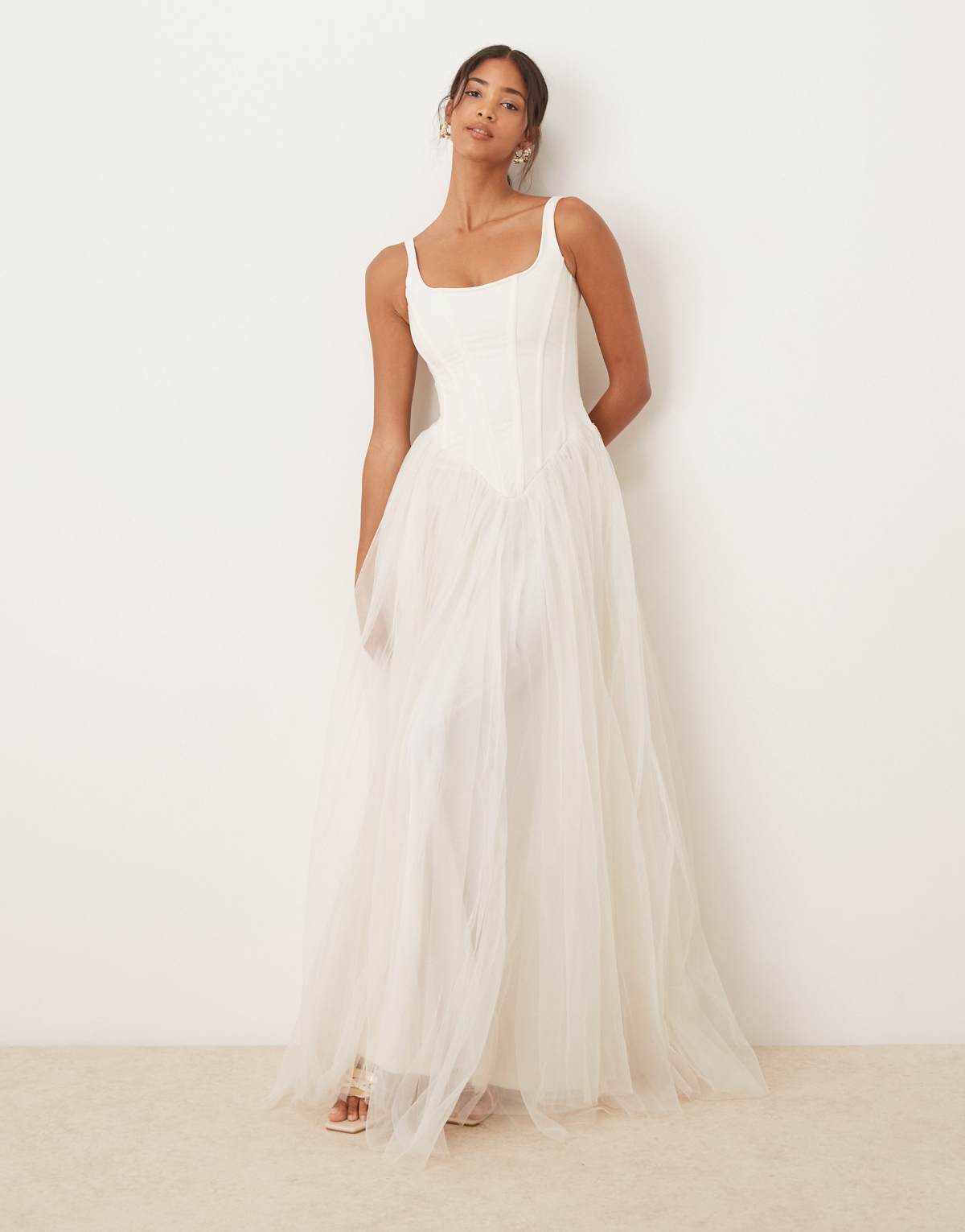 Lace & Beads corset drop hem maxi dress in ivory