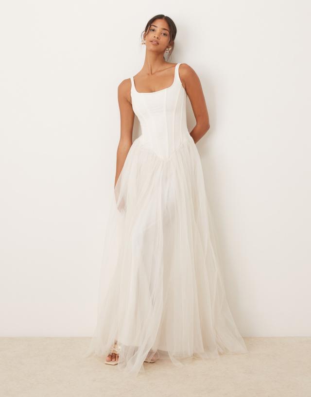 lace and beads corset dress & drop hem maxi in ivory Sizes:16