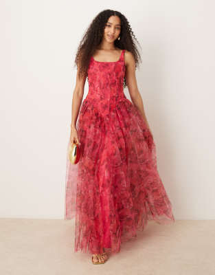 Lace & Beads Lace & Beads corset drop hem maxi dress in pink and red rose
