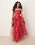 [Lace & Beads] Lace & Beads corset drop hem maxi dress in pink and red rose 12 Pink/Red Rose
