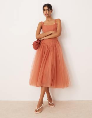 Lace & Beads Corset Drop Hem Midi Dress