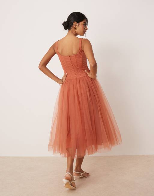 Lace & Beads corset drop hem midi dress in terracotta rose