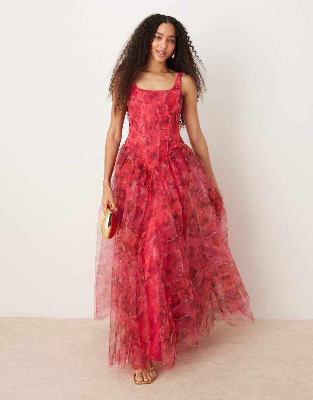 lace and beads corset dress & dropped hem maxi in pink red rose Aqua Prom Dresses cf-size-xxx-large and romantic without seeming Print:Black 1920's drop waist dress