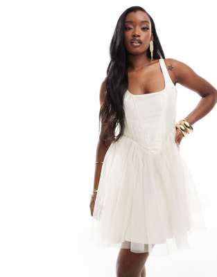 corset dropped waist tulle mini dress in buttercream-White