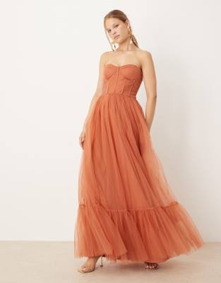 Lace & Beads Corset Maxi Dress In Brown