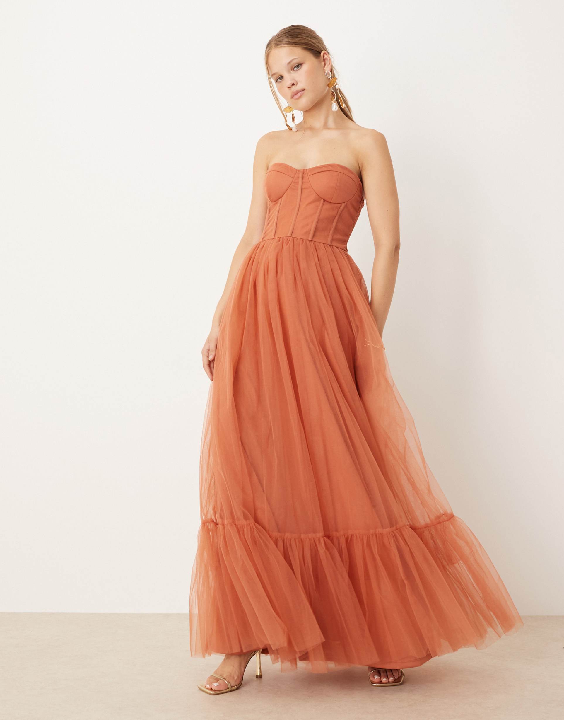 lace & beads corset maxi dress in terracotta rose