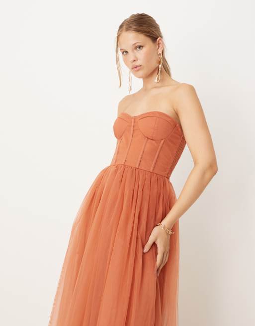 Lace & Beads corset maxi dress in terracotta rose