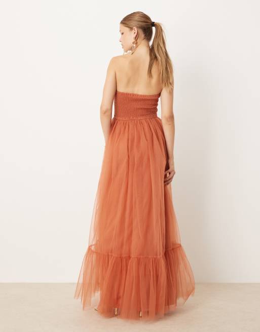 Lace & Beads corset maxi dress in terracotta rose