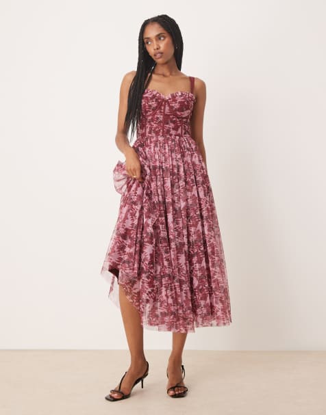 Lace & Beads corset midi dress in berry rose floral - view 1
