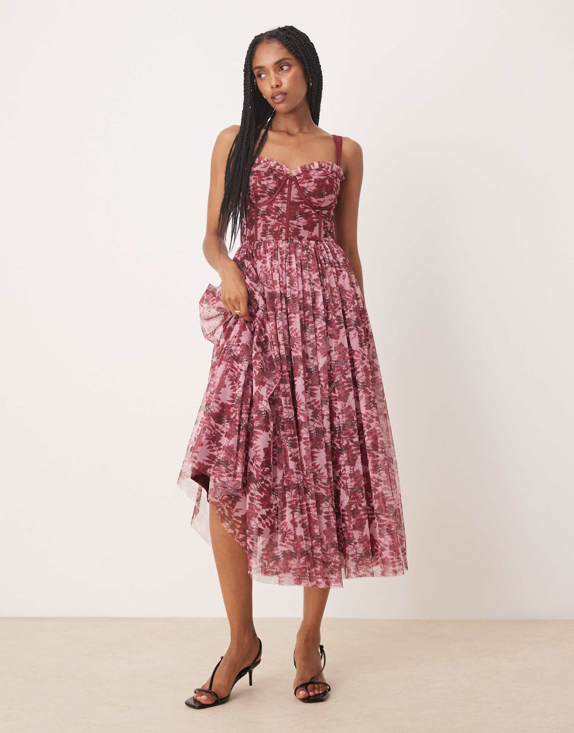 lace & beads corset midi dress in berry rose floral