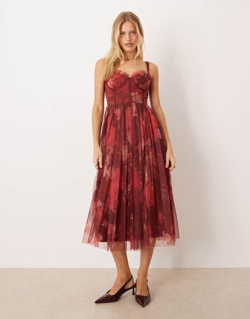 Lace & Beads corset midi dress in deep red rose floral