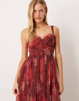 Lace & Beads Corset Midi Dress In Red