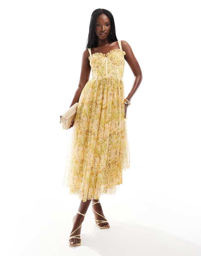 Lace & Beads corset midi dress in yellow floral | ASOS