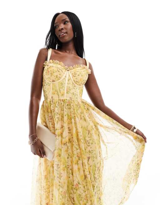 Lace Beads corset midi dress in yellow floral