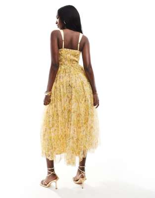 Lace & Beads corset midi dress in yellow floral | ASOS
