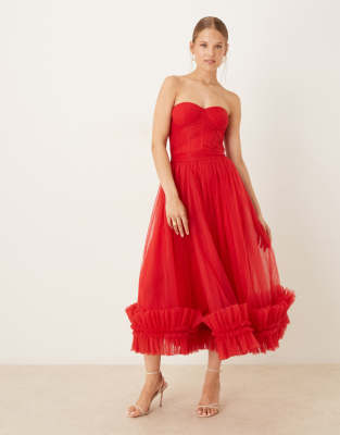 Lace & Beads corset overlay ruffle hem midaxi dress in red - view 1