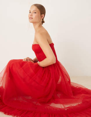 Lace & Beads Corset Overlay Ruffle Hem Midaxi Dress In Red