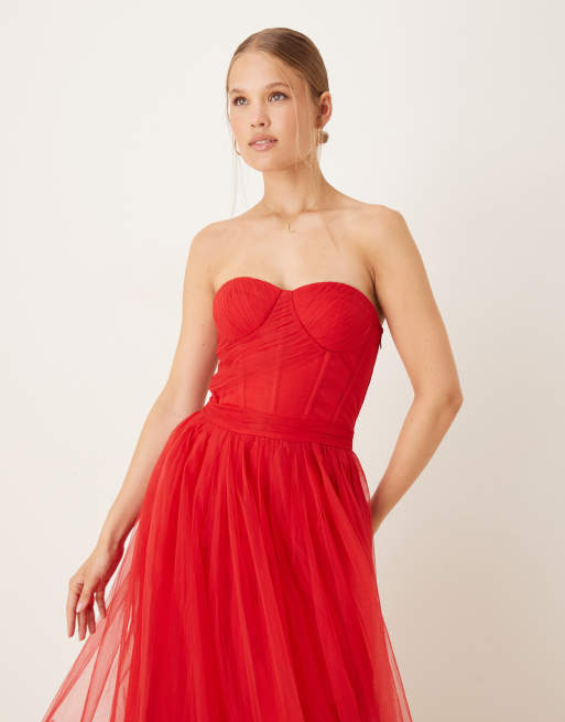 Lace & Beads corset overlay ruffle hem midaxi dress in red