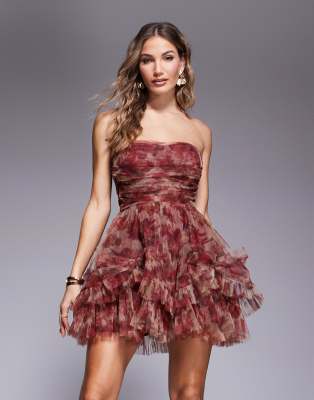 corset overlay tulle bow mini dress in burgundy rose floral-Red