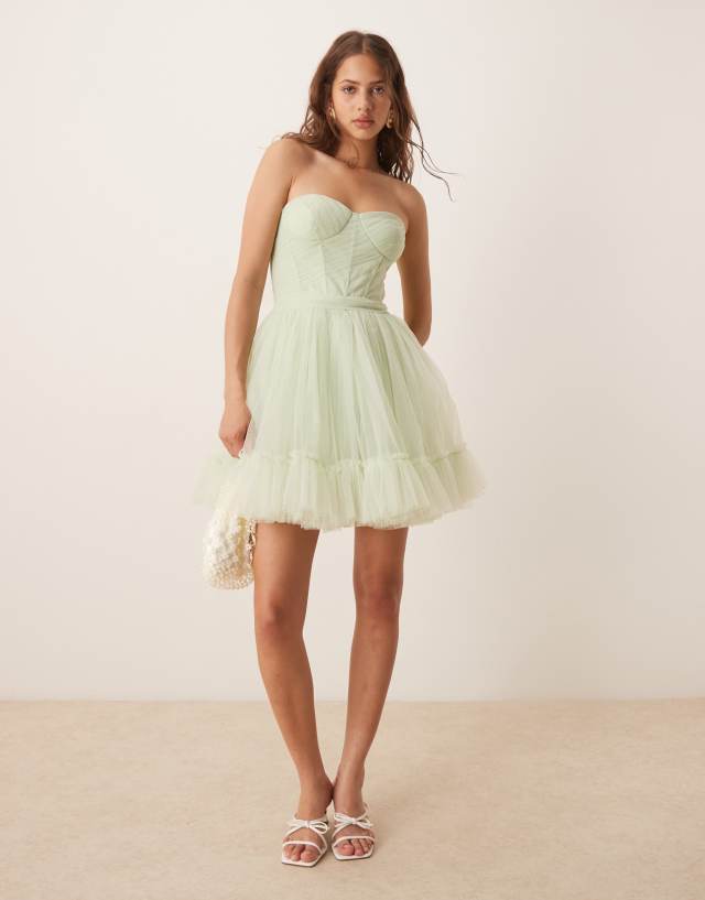 green dress with white lace overlay & Beads corset tulle mini in pistachio AKIRA