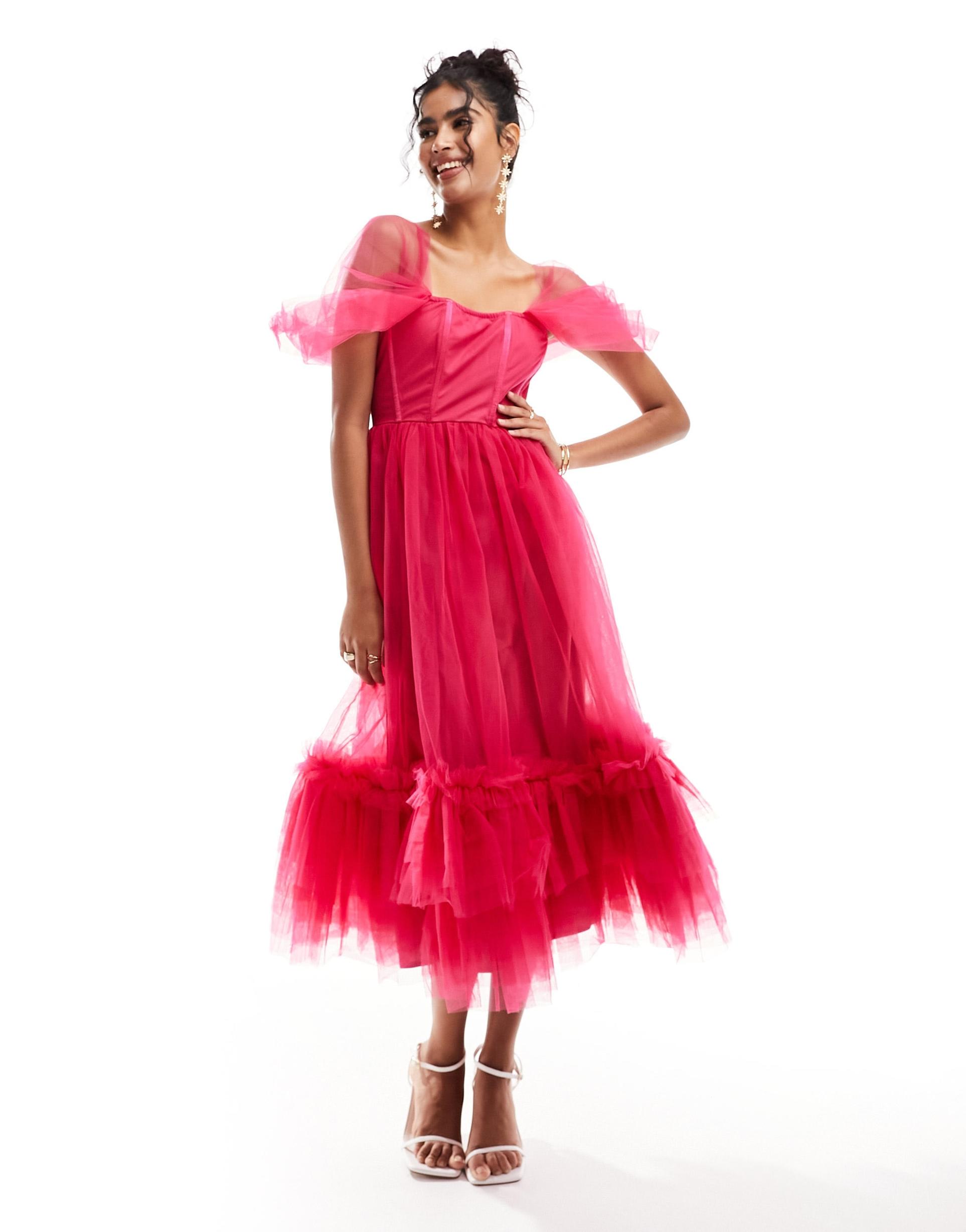 lace & beads corset ruffle tulle midaxi dress in pink