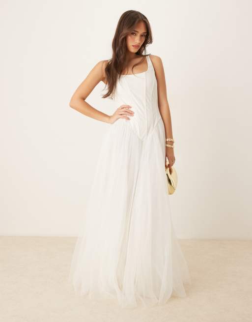 Lace & Beads corset tulle drop hem maxi dress in ivory
