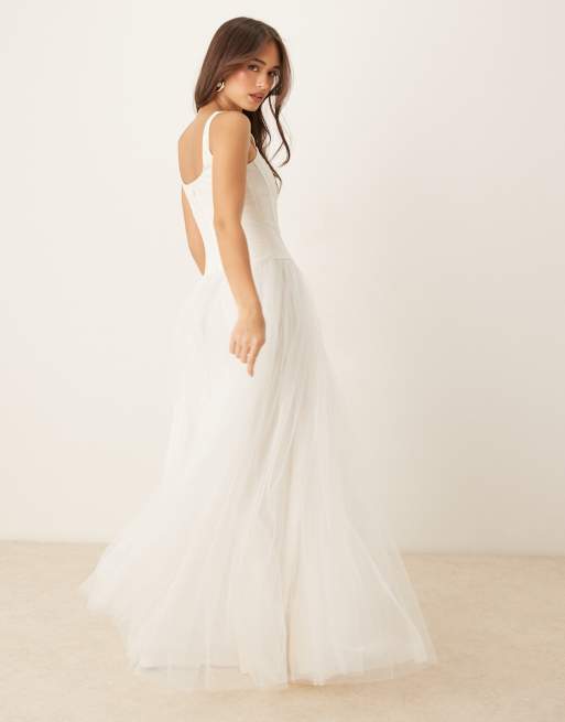 Lace & Beads corset tulle drop hem maxi dress in ivory