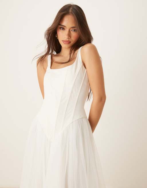 Lace & Beads corset tulle drop hem maxi dress in ivory