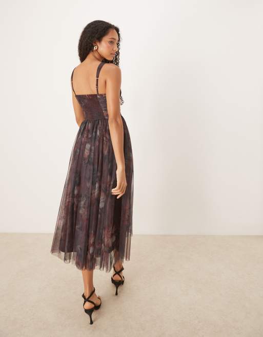 Lace & Beads corset tulle midaxi dress in blurred plum