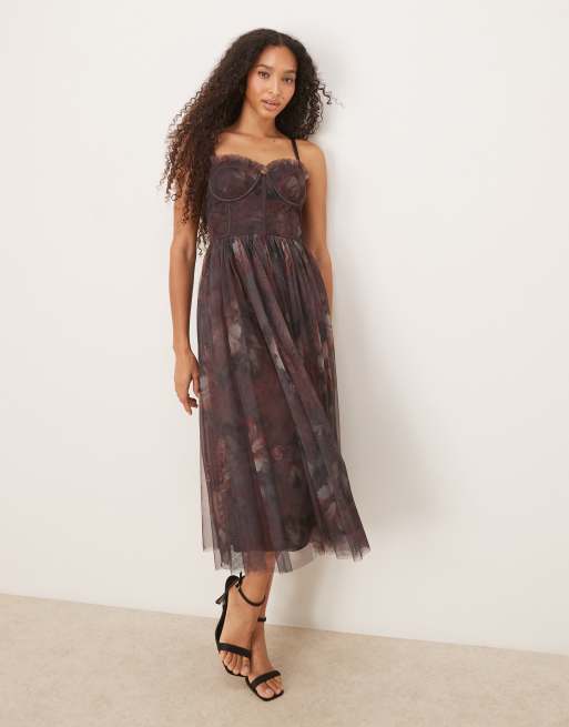 Lace & Beads corset tulle midaxi dress in blurred plum