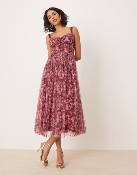Lace & Beads corset tulle midaxi dress in blush floral - view 1