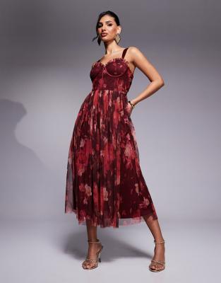 Lace & Beads Corset Tulle Midaxi Dress In Deep Red Rose