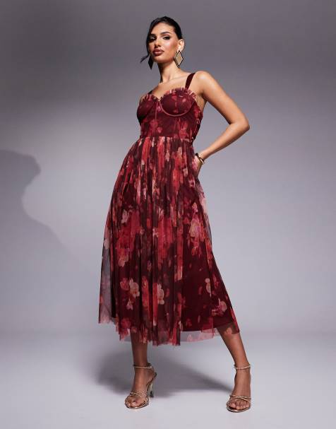 Lace & Beads corset tulle midaxi dress in deep red rose