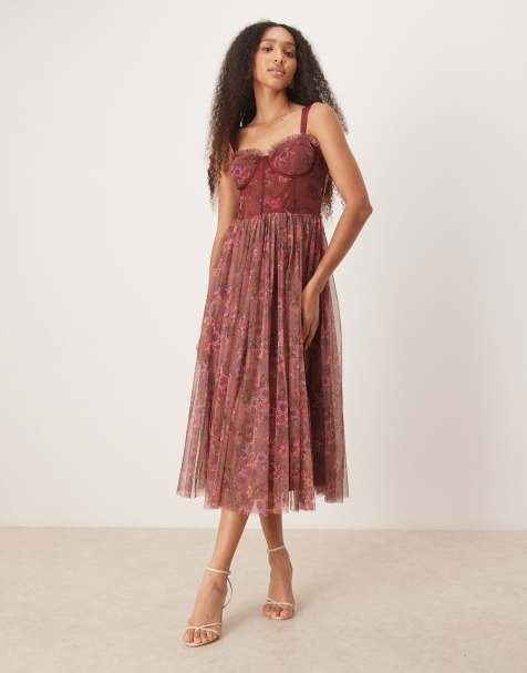 Lace & Beads corset tulle midaxi dress in purple floral - view 1