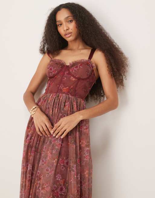 Lace & Beads corset tulle midaxi dress in purple floral, 2 of 4