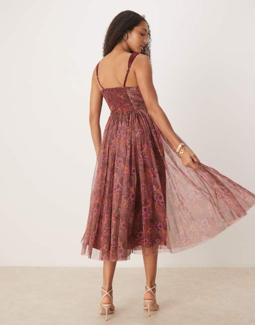 Lace & Beads corset tulle midaxi dress in purple floral, 3 of 4