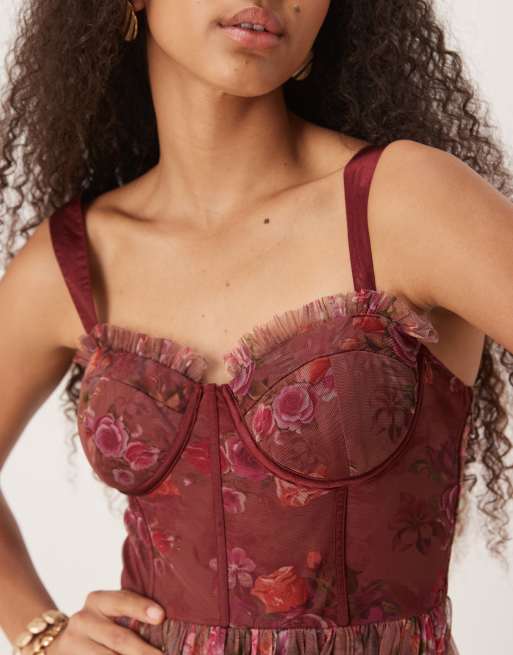 Lace & Beads corset tulle midaxi dress in purple floral, 4 of 4
