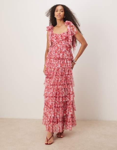 Lace & Beads corset tulle midaxi dress in rose floral - view 1