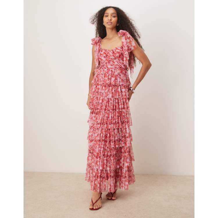 lace & beads ruffle midaxi dress in deep rose print Lace & Beads ruffle midaxi tulle dress in red floral