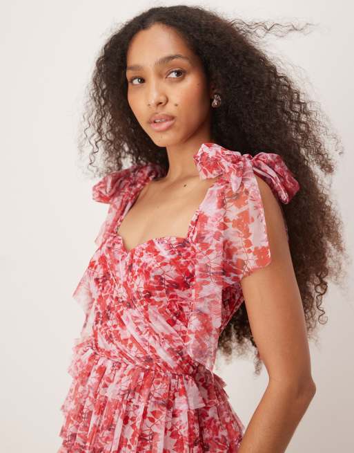 Lace & Beads corset tulle midaxi dress in rose floral | ASOS