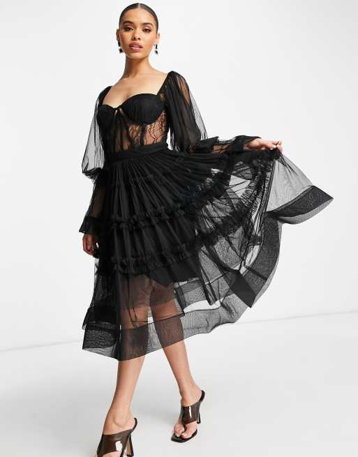 Lace & Beads corset tulle midi dress in black