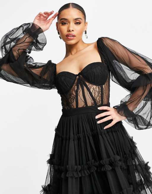 Lace & Beads corset tulle midi dress in black