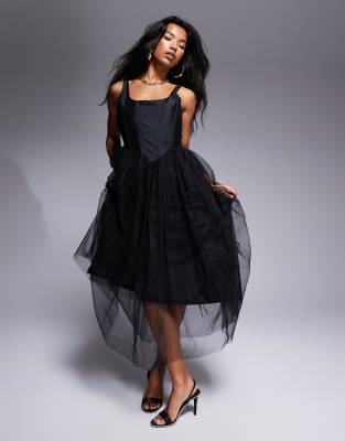 corset tulle midi dress in black