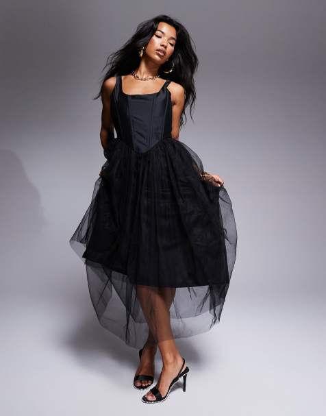 Lace & Beads corset tulle midi dress in black - view 1
