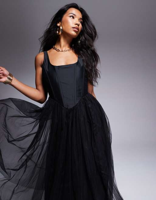 Lace & Beads corset tulle midi dress in black | ASOS