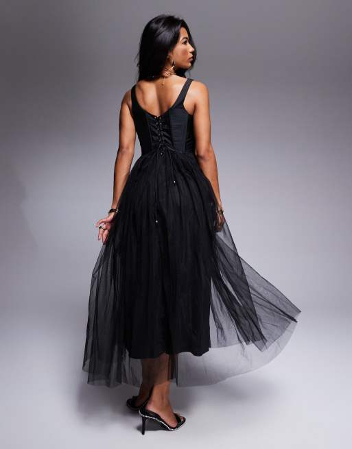 Tulle Robe Corset Noire Black Sheer Corset Flared Tulle Gown