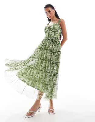 corset tulle midi dress in olive green floral